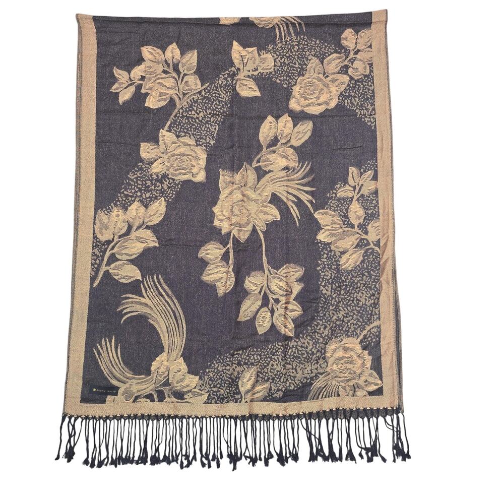 AmaWaterways Scarf Womens One Size Blue Tan Floral Jacquard Fringe Wrap